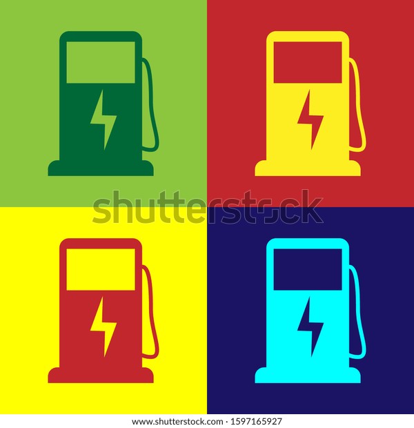 Color Electric car charging\
station icon isolated on color backgrounds. Eco electric fuel pump\
sign. 