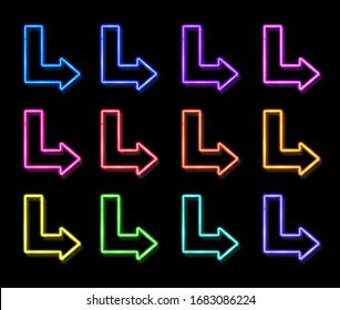 Color Enter Arrows Symbol. Neon Light 3d Arrow Pointer Set On Background. Glowing Line On Dark Backdrop Night Club Bar Retro Street Direction Sign Element Design Bright Illustration