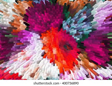 color extrusion floral background, bright colorful abstract, extrusion blocks and pyramids, the gradient for the background and texture, 3D extrusion flowers pattern for fabrics and fashion design