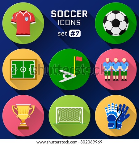 Color flat icon set of soccer elements. Pack of symbols for association football. Qualitative icons about soccer, sport game, championship, gameplay, etc Stock foto © 