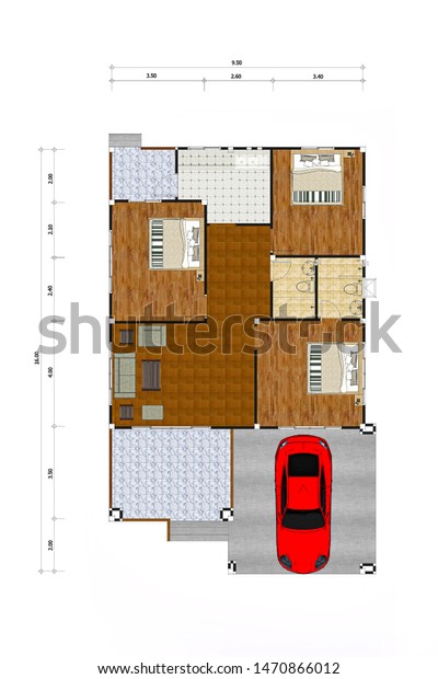 Color\
floor plan of a house with furniture and red\
car.