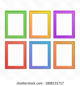 Color Frame Set. Empty Wooden Photo Frames Collection Isolated On Light Background. Art Gallery Of Colored, Modern Picture Framework On Vintage Wall. 