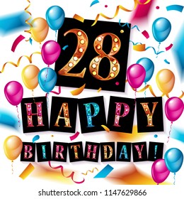 color full 28 th birthday celebration greeting card design, birthday party poster background with balloon, gift box and confetti. twenty eight anniversary celebrations. Raster copy - Powered by Shutterstock