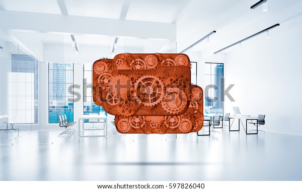Color gears and cogwheels mechanism or\
engine on white office background. 3d\
rendering