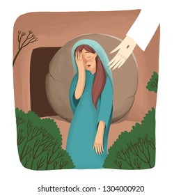 Color Illustration. Biblical Story About Resurrection, Mary Stand Near The Empty Tomb And Cry, But Doesn't See Jesus. 