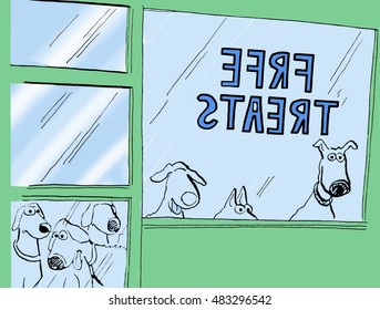 Color Illustration Showing Six Dogs Looking A Pet Store Window That Offers 'free Treats''.