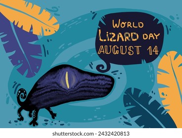 Color illustration for world lizard day with black lizard and lilac stains and colored leaves. Idea for school events and parks - Powered by Shutterstock