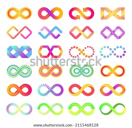 Color infinity icon, infinite loop symbol logo. Colorful endless arrow chains sign, abstract eternity logo, endless cycle icons  set. Futuristic limitless business emblem or logotype