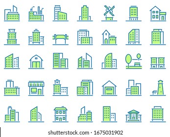 Color Line Building Icons. Green Town Icon, City Buildings And Real Estate Symbols  Set. Urban Architecture. Residential And Municipal Buildings Linear Pictograms Pack. Logotype Design Elements