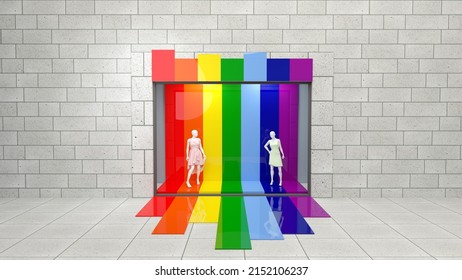 Color Line And Mannequin Window Display Setting On White Brick Background, 3D Rendering