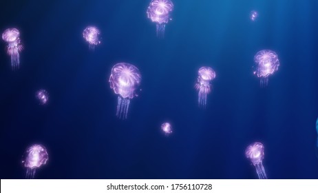 Color Magenta Jellyfish Move In Sunny Bunnies On A Blue Background. Event Frames, Concert, Set Design, Title, Presentation, Website, Editors And VJ For LED Screens And Projection Maps. 3D Rendering