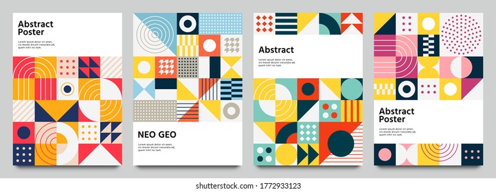 Color neo geo poster. Modern grid flyer with geometric shapes, geometry graphics and abstract background  set. Geometry grid pattern banner vivid presentation illustration