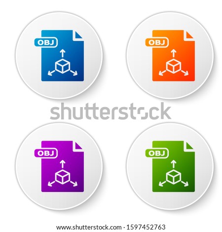 Color OBJ file document. Download obj button icon isolated on white background. OBJ file symbol. Set icons in circle buttons. 