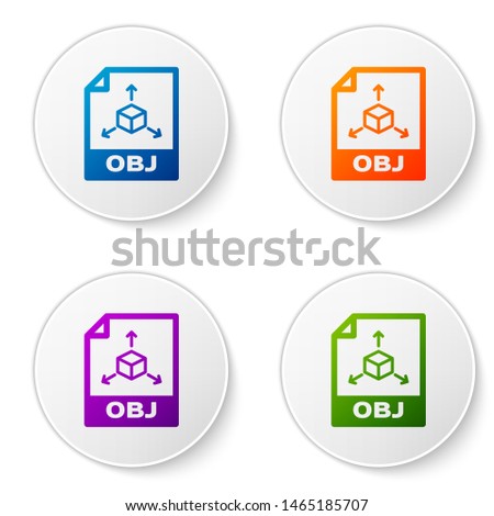 Color OBJ file document icon. Download obj button icon isolated on white background. OBJ file symbol. Set icons in circle buttons