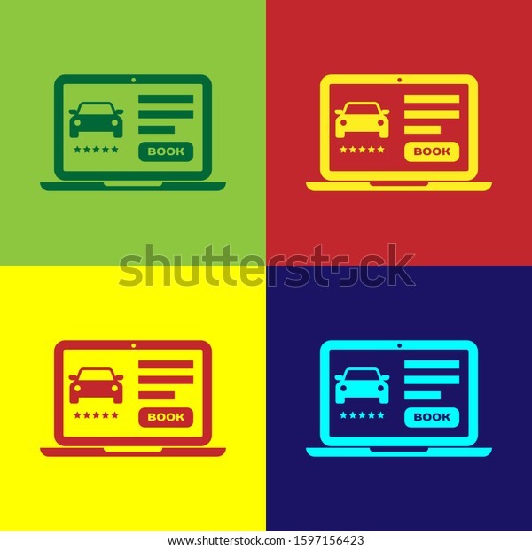 Color Online car sharing icon isolated on color\
background. Online rental car service. Online booking design\
concept for laptop. \
