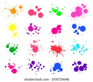 Color paint splatter. Bright ink stains and spray blots isolated on white. Watercolor spaint, spot or drop elements