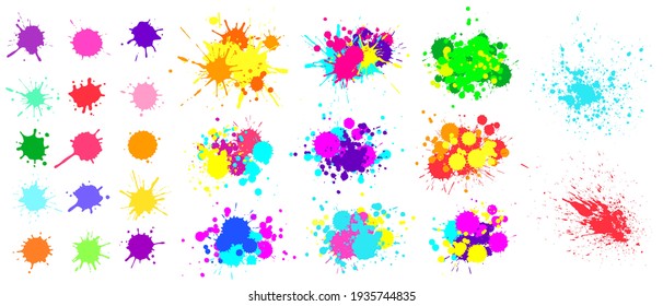 Color Paint Splatter. Spray Paint Blot Element. Colorful Ink Stains Mess. Watercolor Spots In Raw, Splashes