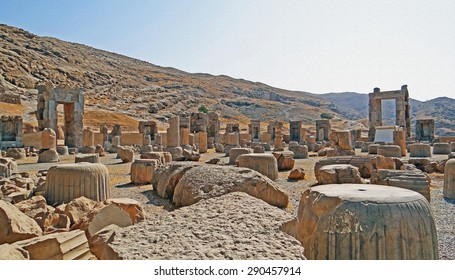 Color Painting Ruins of Ancient Persian Palace and Sacred Stone Temple in Persepolis, Iran on Sandstone Texture