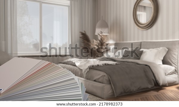 Color palette close up sample. Paint selection catalog over interior design scene, elegant bedroom with modern minimalist furniture. Herringbone parquet, double bed with pillows, 3d illustration