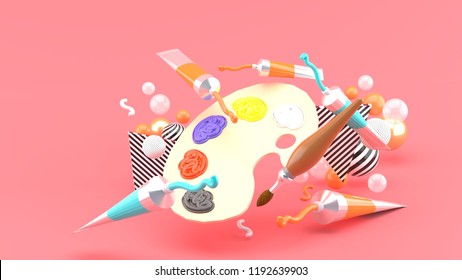 Color palettes and colored tubes among colorful balls on a pink background.-3d rendering. - Powered by Shutterstock