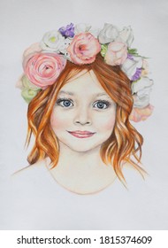 A color pencil drawing of a cute young girl with ginger hair and loose curls. She has got flowers in her hair and looks Bohemian.