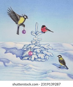 A color pencil drawing great tits   bullfinch decorating Christmas tree 