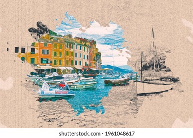 Color Pencil Drawing Landscape View Of Portofino Coast Famous Landmark At  Italy On Old Brown Paper Stock Illustration Download Image Now IStock