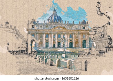 Color pencil drawing of Saint Peter's Square in Vatican Rome, Italy, On old brown paper .