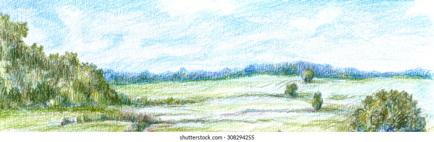 Color pencil drawn scenery valley and green grass  bushes  forest   blue sky