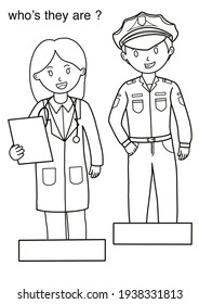 Color the picture of police and doctor for kids, worksheet coloring for kids, coloring profession, police and doctor cartoon