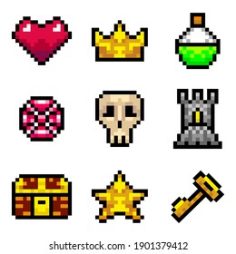 Color Pixel Objects Games Icons Set Include of Heart, Star, Beverage and Key. illustration of Pixelated Icon
