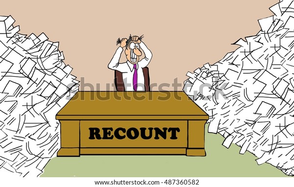Color political
cartoon showing a man pulling his hair out because he has to
recount all the votes for
President.