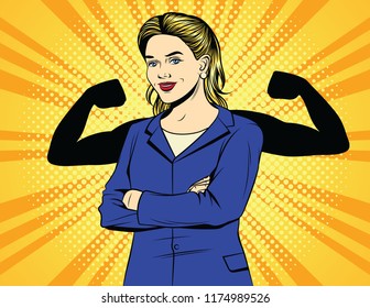 Color pop art comic style vintage poster of strong business woman. A woman worker in an office suit with muscles over halftone dot background. Female power. A female boss shows a strength. - Powered by Shutterstock