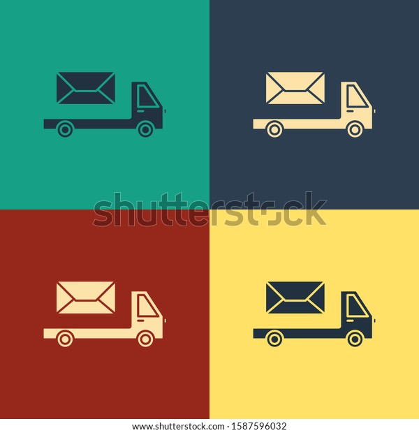 Color Post truck icon isolated on color background. Mail\
car. Vehicle truck transport with envelope or letter. Vintage style\
drawing. 