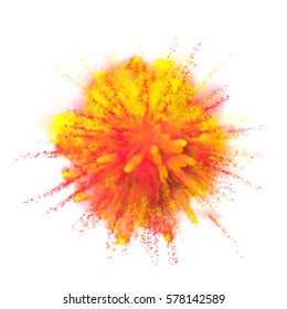 Color Powder Explosion Background. Yellow With Red-orange Dust Paint Coloured Explode For Holi Festival.