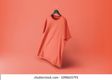 Color Red Blank Tshirt Mockup On Hanger On Red Background. 3d Rendering