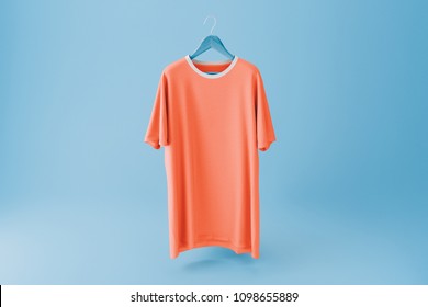 Color Red Blank Tshirt Mockup On Hanger On Blue Background. 3d Rendering