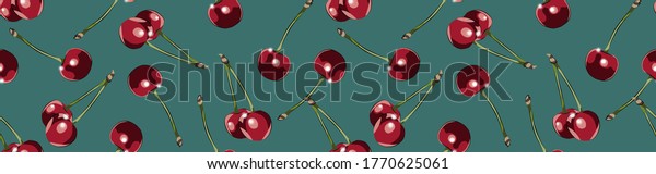 3d cherries on turquoise home dining room wallpaper idea.