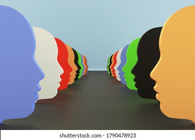 Color Shapes Of Faces, 3d Illustration Of Diversity, Racial Tension, Tolerance And Inclusive.
