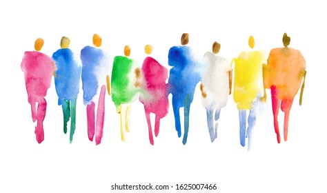 Color Spot With Watercolors In The Form Of A Group Of People. Hand-drawn Watercolor Illustration: Silhouettes Of A Group Of People In Full Growth. 