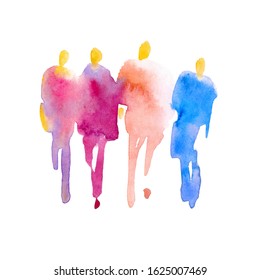 Color Spot With Watercolors In The Form Of A Group Of People. Hand-drawn Watercolor Illustration: Silhouettes Of A Group Of People In Full Growth. 