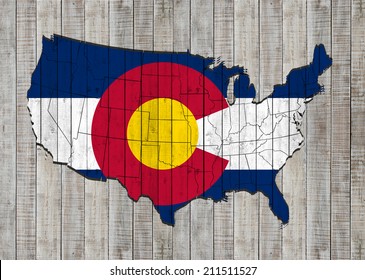 Colorado flag with America map and wood background