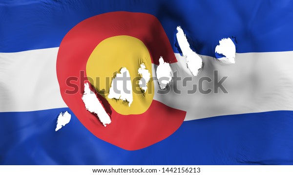Colorado state flag perforated, bullet holes,\
white background, 3d\
rendering