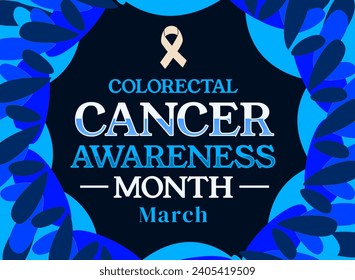 Colorectal cancer awareness Month blue backdrop with white ribbon and typogrpahy under it. - Powered by Shutterstock