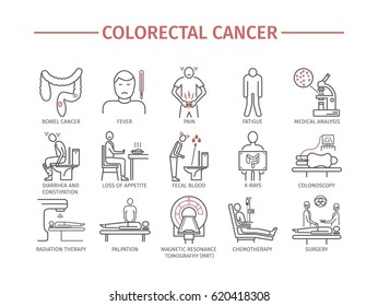 Colorectal Cancer Symptoms. Diagnostics. Line Icons Set.