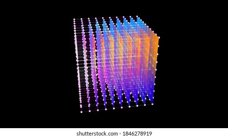 Colored 3D Wireframe Cube Of Lines And Dots. 3d Rendering