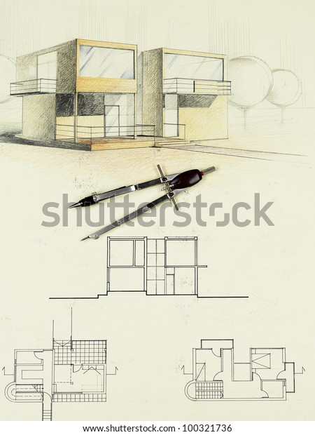 colored architectural blueprint of modern\
house, drawn by hand, with\
compasses