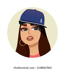 Colored Avatar Of A Female Rapper In Flat Style For Printing, Account Design.  Clipart.