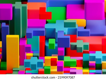 Colored Background Is Made Up Of Multi-colored Geometric Shapes. Colored Molds With Glossy Surface. Geometric Shapes Folded Into Rectangle Shape. 3D Image