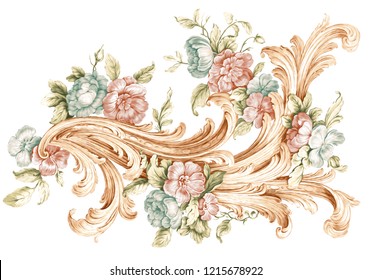 Colored Baroque Floral Ornamental On White Backgraund